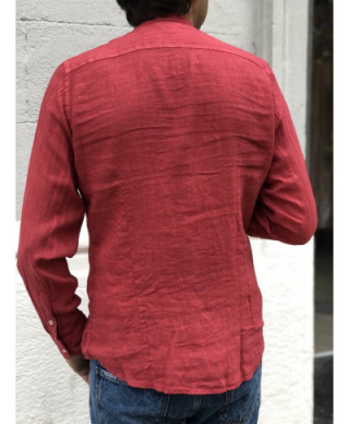Camicia di lino, rossa - Colletto alla coreana - Key Jey