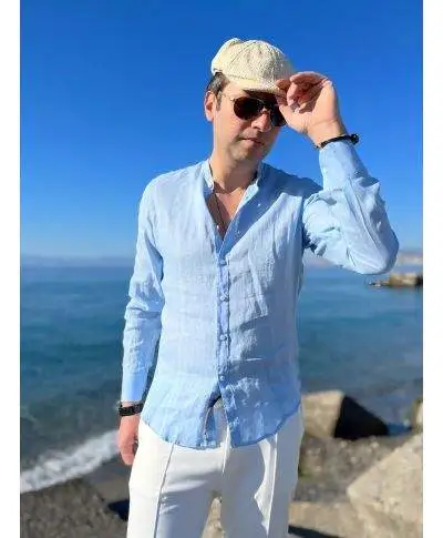 Camicia di lino, celeste - Collo coreana - Key Jey