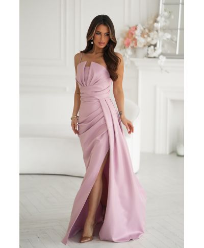 Abito elegante da cerimonia rosa con scollatura geometrica e spacco – Oriana