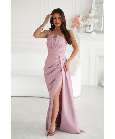 Abito elegante da cerimonia rosa con scollatura geometrica e spacco – Oriana