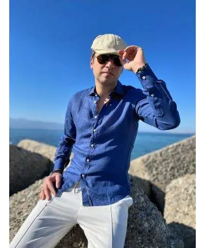 Camicia di lino - Blu - Maniche lunghe - Key Jey
