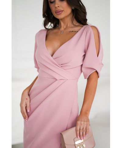Abito elegante, rosa sporco - Maniche a tre quarti - Spacco sul davanti - Dettagli sartoriali