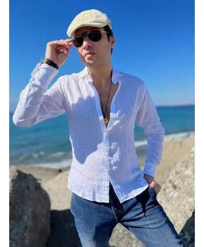 Camicia di lino, bianca - Collo classico - Key Jey