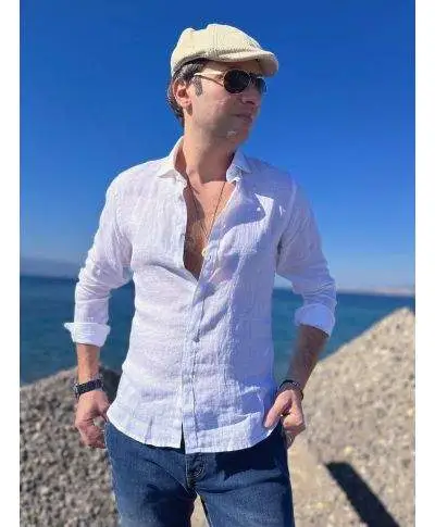 Camicia di lino, bianca - Collo classico - Key Jey