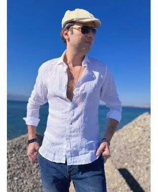 Camicia di lino, bianca - Collo classico - Key Jey