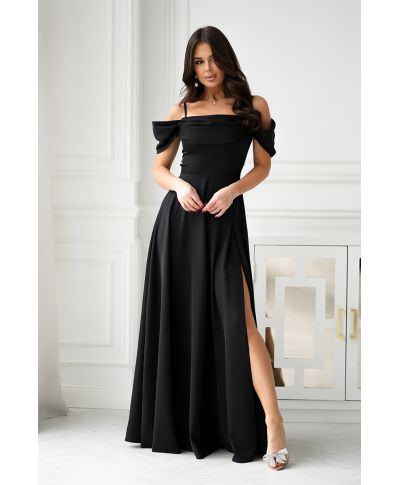 Abito elegante, lungo - Spacco sulla gamba - Spalline cadenti - Nero
