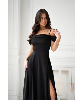 Abito elegante, lungo - Spacco sulla gamba - Spalline cadenti - Nero