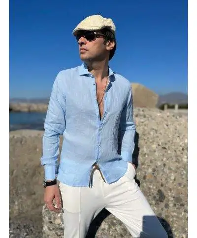 Camicia di lino, celeste - Maniche lunghe - Key Jey