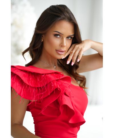 Abito rosso a sirena con piume - Fiora