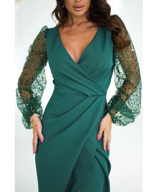 Abito elegante, lungo - Maniche in paillettes - Verde bottiglia - Scarlet