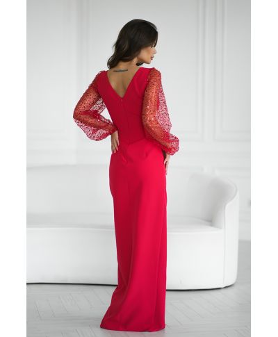 Abito elegante, lungo - Maniche in paillettes - Colore rosso - Scarlet