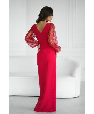 Abito elegante, lungo - Maniche in paillettes - Colore rosso - Scarlet