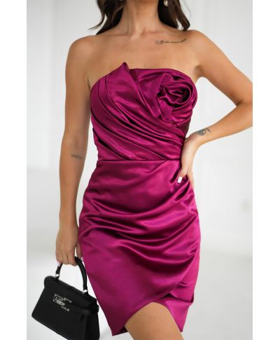 Vestito donna da cerimonia in satin lucido - Senza spalline con dettaglio Rosa