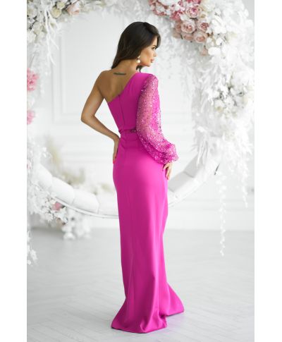 Vestito lungo elegante monospalla, fuxia - Mimi