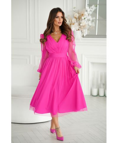 Abito donna - Con manichetta in tulle – Rosa fluo