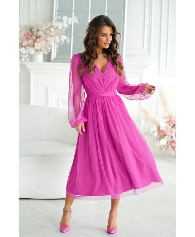 Abito donna - Con manichetta in tulle - Fuxia