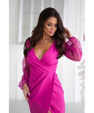 Abito da cerimonia con maniche trasparenti e paillettes – Colore fucsia