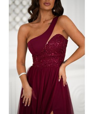 Vestito lungo elegante bordeaux - Corpetto decorato - Nia