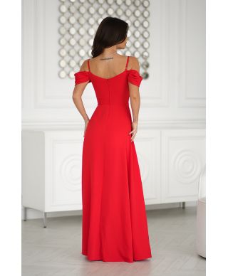 Abito elegante, lungo - Spacco sulla gamba - Spalline cadenti - Rosso