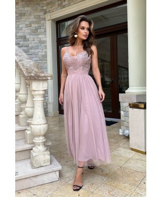 Abito da sera - Rosa sporco - Lunghezza 7/8 - Corsetto ricamato - Spalline sottili