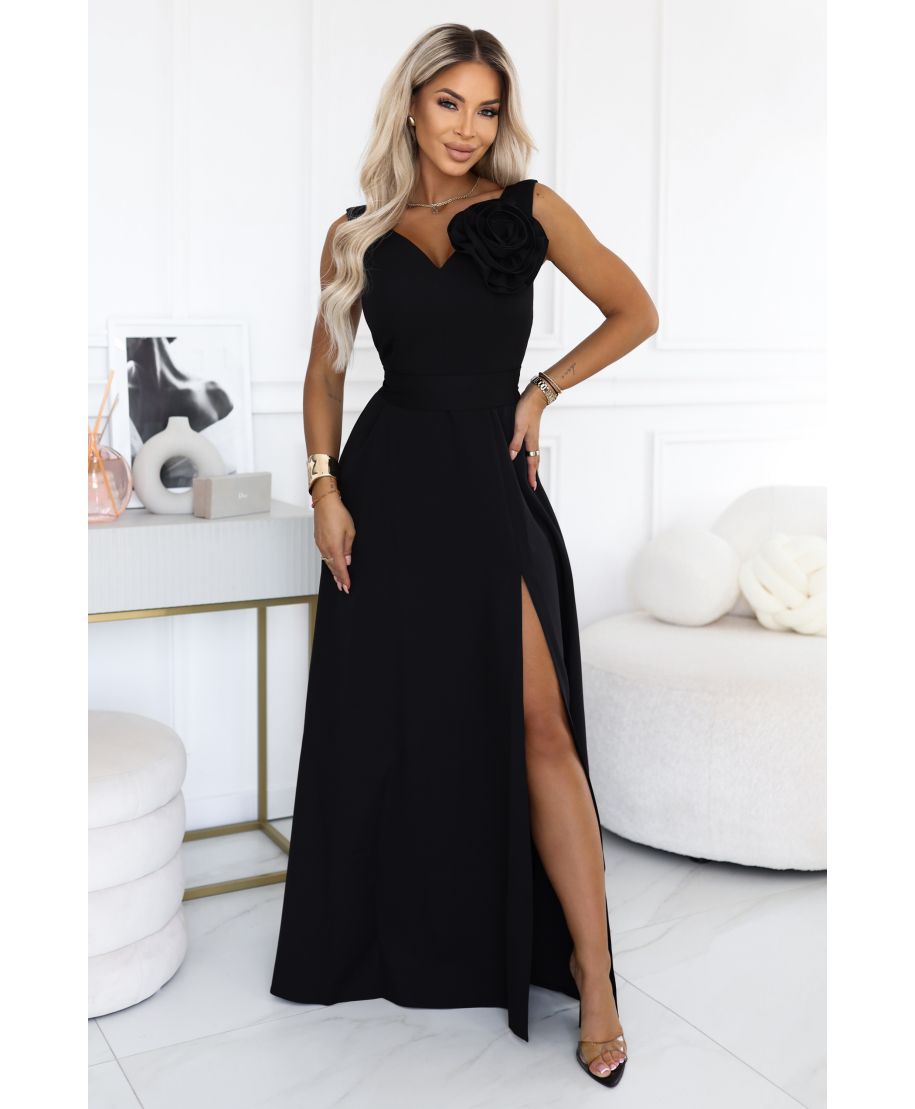 Abito lungo elegante nero con fiore decorativo e scollo a V – Nayla - gogolfun.it