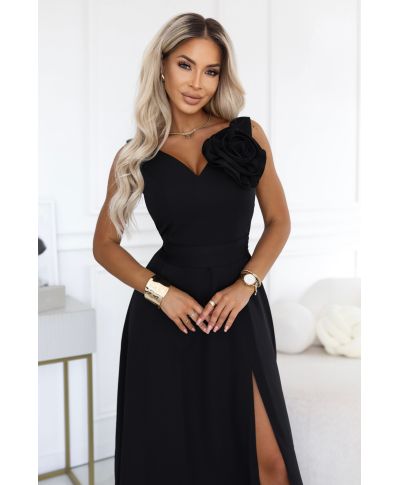 Abito lungo elegante nero con fiore decorativo e scollo a V – Nayla - gogolfun.it