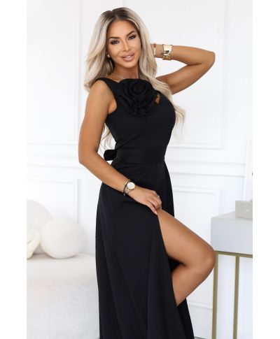 Abito lungo elegante nero con fiore decorativo e scollo a V – Nayla - gogolfun.it