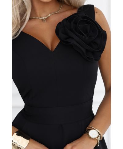 Abito lungo elegante nero con fiore decorativo e scollo a V – Nayla - gogolfun.it