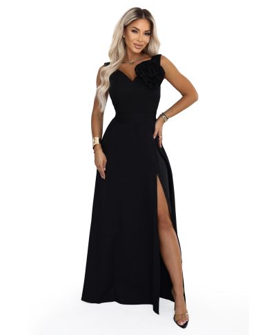 Abito lungo elegante nero con fiore decorativo e scollo a V – Nayla - gogolfun.it