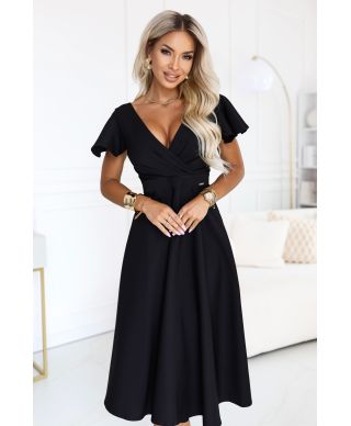 Abito Nero Midi Elegante con Scollo Incrociato e Gonna Svasata - EIRENE - gogolfun.it