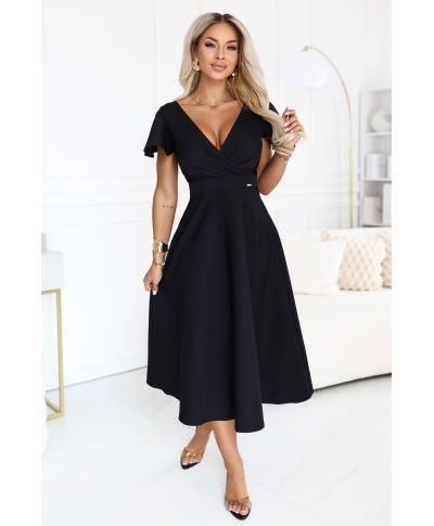 Abito Nero Midi Elegante con Scollo Incrociato e Gonna Svasata - EIRENE - gogolfun.it