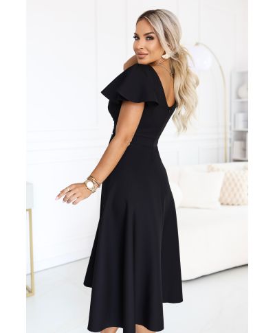 Abito Nero Midi Elegante con Scollo Incrociato e Gonna Svasata - EIRENE - gogolfun.it