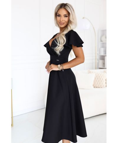 Abito Nero Midi Elegante con Scollo Incrociato e Gonna Svasata - EIRENE - gogolfun.it