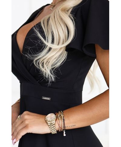 Abito Nero Midi Elegante con Scollo Incrociato e Gonna Svasata - EIRENE - gogolfun.it