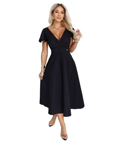 Abito Nero Midi Elegante con Scollo Incrociato e Gonna Svasata - EIRENE - gogolfun.it