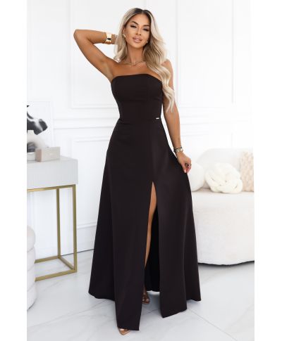Abito da cerimonia marrone cioccolato - Senza spalline con corsetto e spacco - ELARA - gogolfun.it