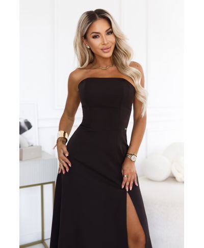 Abito da cerimonia marrone cioccolato - Senza spalline con corsetto e spacco - ELARA - gogolfun.it