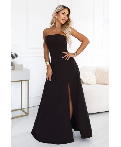 Abito da cerimonia marrone cioccolato - Senza spalline con corsetto e spacco - ELARA - gogolfun.it