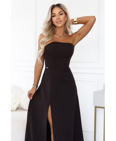 Abito da cerimonia marrone cioccolato - Senza spalline con corsetto e spacco - ELARA - gogolfun.it