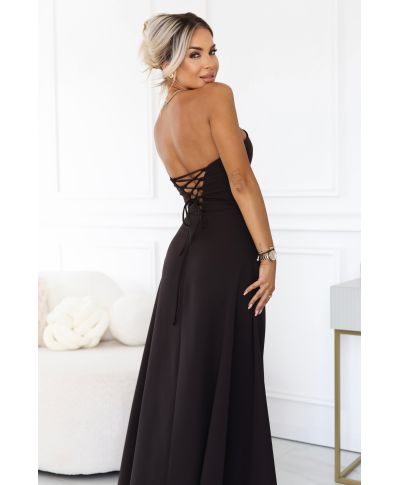 Abito da cerimonia marrone cioccolato - Senza spalline con corsetto e spacco - ELARA - gogolfun.it