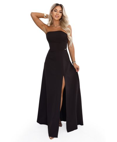 Abito da cerimonia marrone cioccolato - Senza spalline con corsetto e spacco - ELARA - gogolfun.it