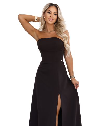 Abito da cerimonia marrone cioccolato - Senza spalline con corsetto e spacco - ELARA - gogolfun.it