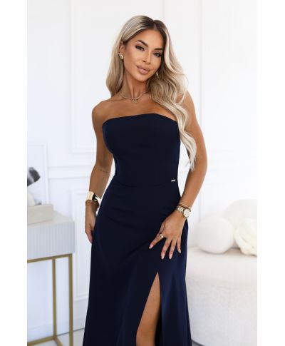 Vestito elegante blu notte - lungo con corsetto, spacco e allacciatura posteriore - ELARA - GOGOLFUN.IT