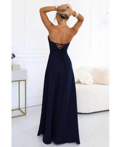 Vestito elegante blu notte - lungo con corsetto, spacco e allacciatura posteriore - ELARA - GOGOLFUN.IT