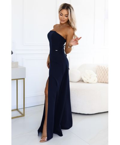 Vestito elegante blu notte - lungo con corsetto, spacco e allacciatura posteriore - ELARA - GOGOLFUN.IT