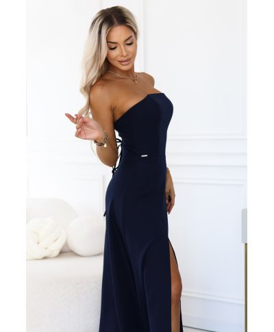 Vestito elegante blu notte - lungo con corsetto, spacco e allacciatura posteriore - ELARA - GOGOLFUN.IT