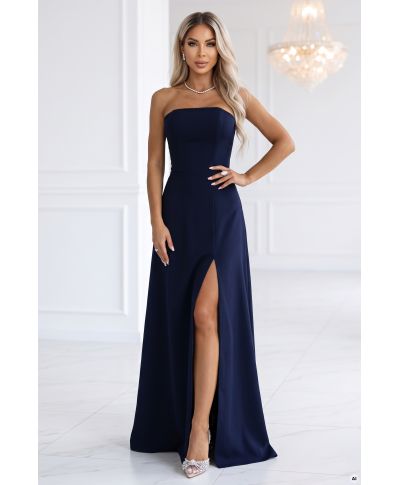 Vestito elegante blu notte - lungo con corsetto, spacco e allacciatura posteriore - ELARA - GOGOLFUN.IT