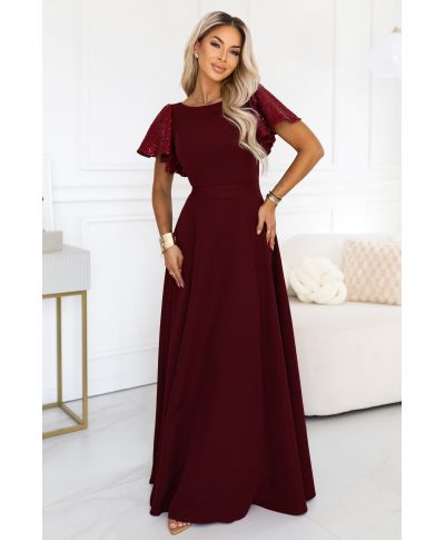 Mirella – Vestito Lungo da Sera Bordeaux con Maniche Brillanti e Scollo a V sulla Schiena - gogolfun.it