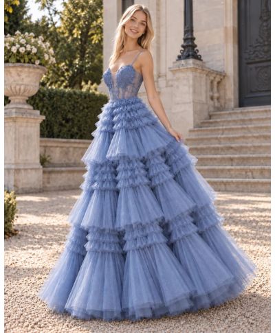 Abito da cerimonia azzurro con gonna ampia - Thalea - Abiti da diciottesimo compleanno - Gogolfun.it
