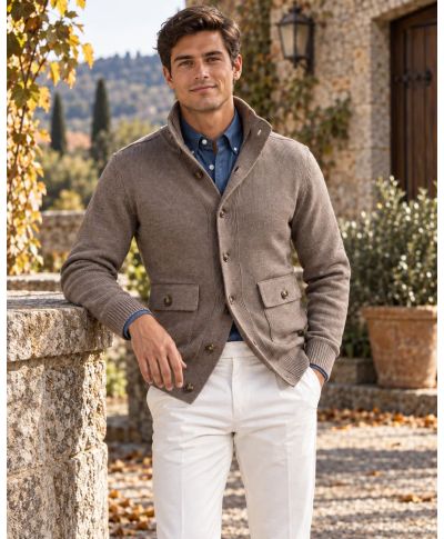 Cardigan uomo con bottoni, fango - Hughetto - Maglioni da ufficio, autunno, caldi - Gogolfun.it